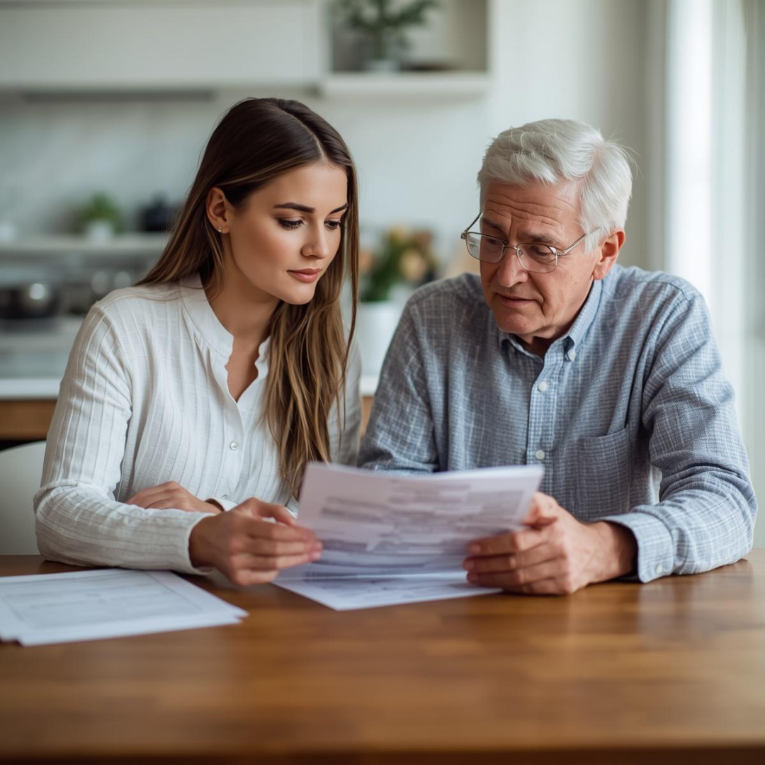 An adult daughter sitting with an older parent at a kitchen table, gently talking or reviewing something together.
