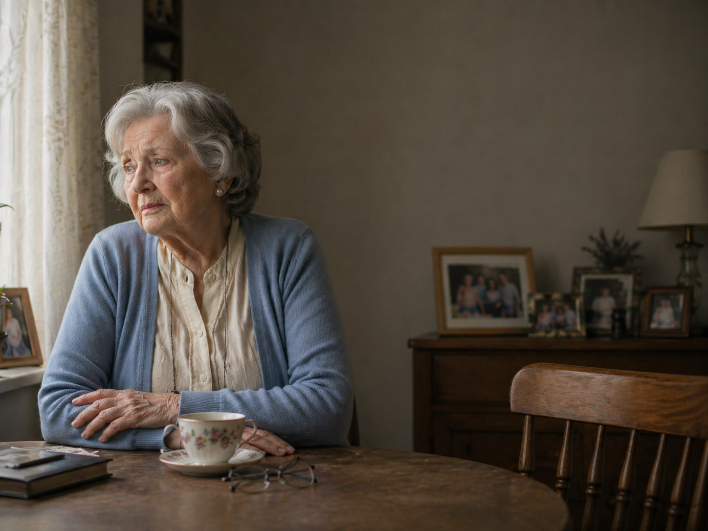 Elderly woman sitting alone at kitchen table gazing out the window with family photos in the background, capturing the quiet signs of loneliness in seniors that Ideal Caregivers 4U helps families recognize