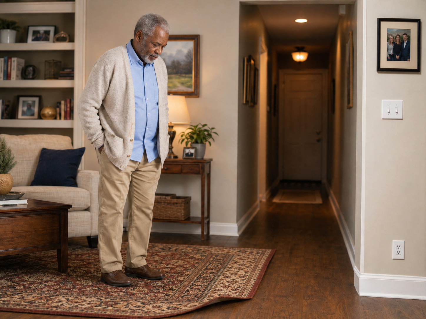 Senior man standing in living room looking down at curled area rug edge, illustrating one of the most common overlooked fall hazards for seniors at home identified by Ideal Caregivers 4U