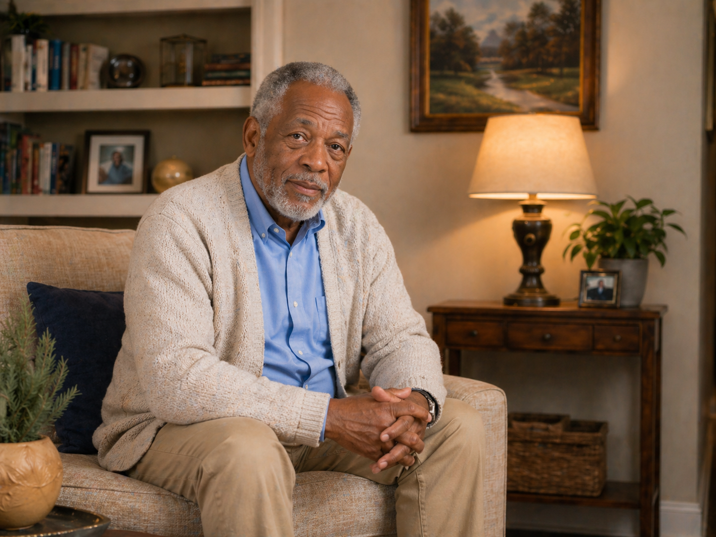 Senior man sitting in a deep cushioned armchair at home, illustrating the fall risk posed by low and overly soft furniture — a commonly overlooked fall hazard for seniors highlighted by Ideal Caregivers 4U