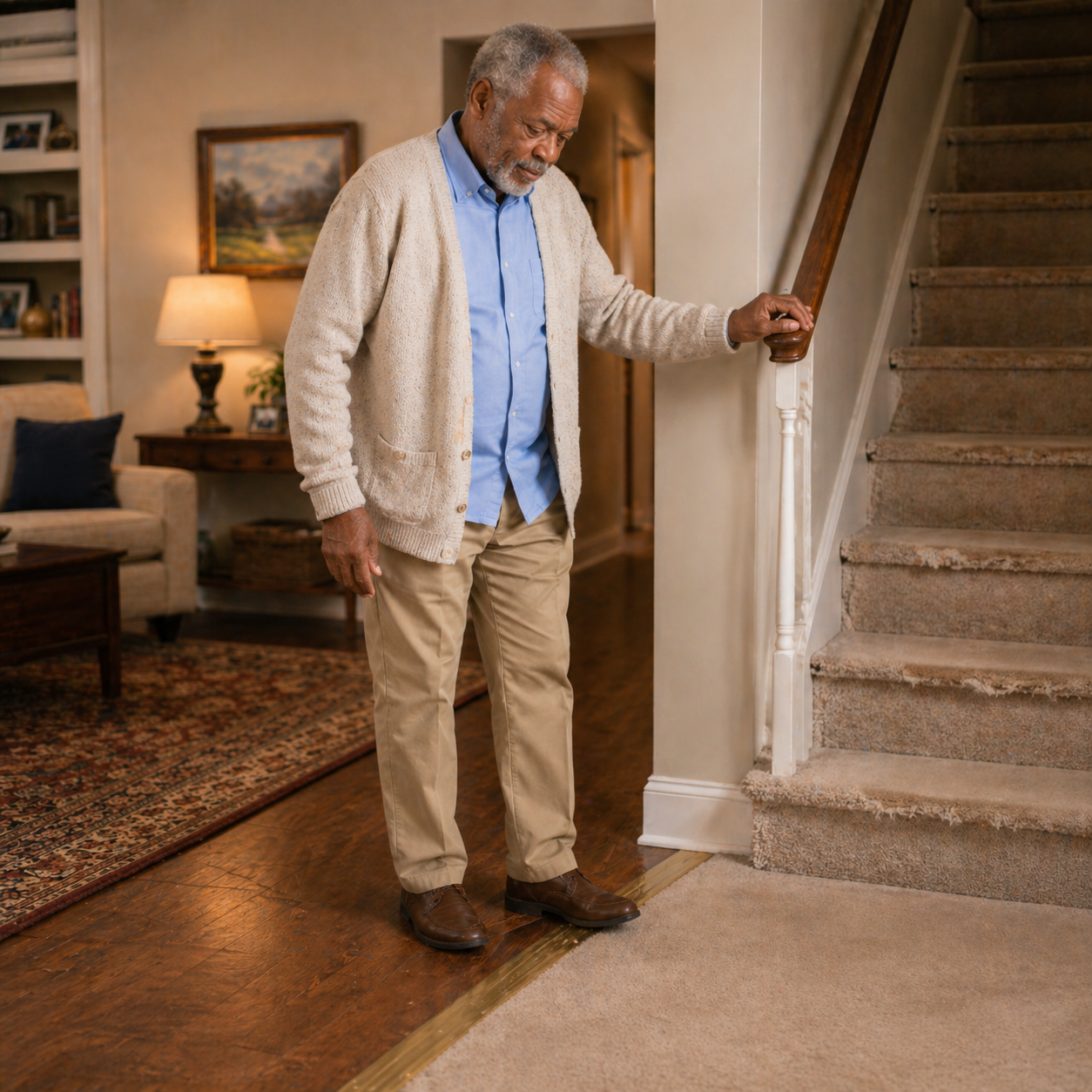 Senior man standing at base of stairs gripping a single handrail with a door threshold and worn stair carpet visible, showing multiple overlooked fall hazards for seniors at home addressed by Ideal Caregivers 4U