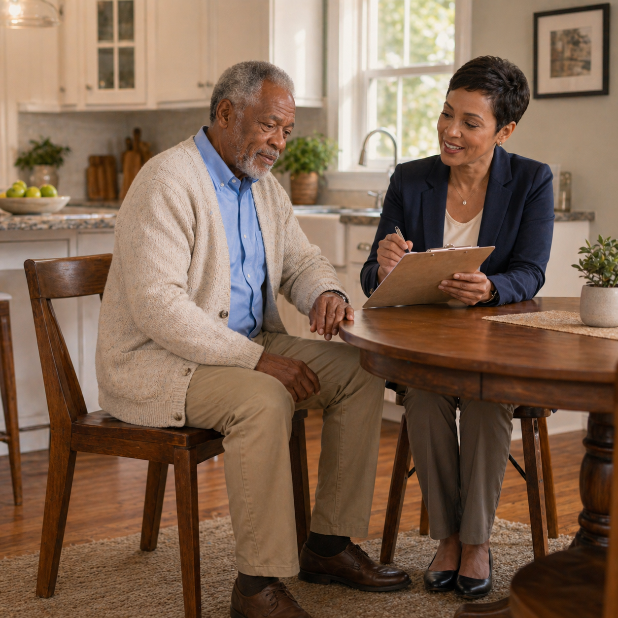 Professional caregiver conducting a senior home safety assessment with elderly man at kitchen table, representing the in-home fall prevention services offered by Ideal Caregivers 4U