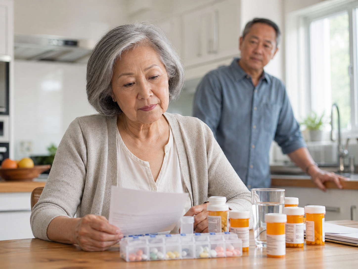 Senior woman reviewing medication instructions at kitchen table surrounded by multiple prescription bottles and a pill organizer while family member looks on with concern, illustrating polypharmacy risks addressed by Ideal Caregivers 4U