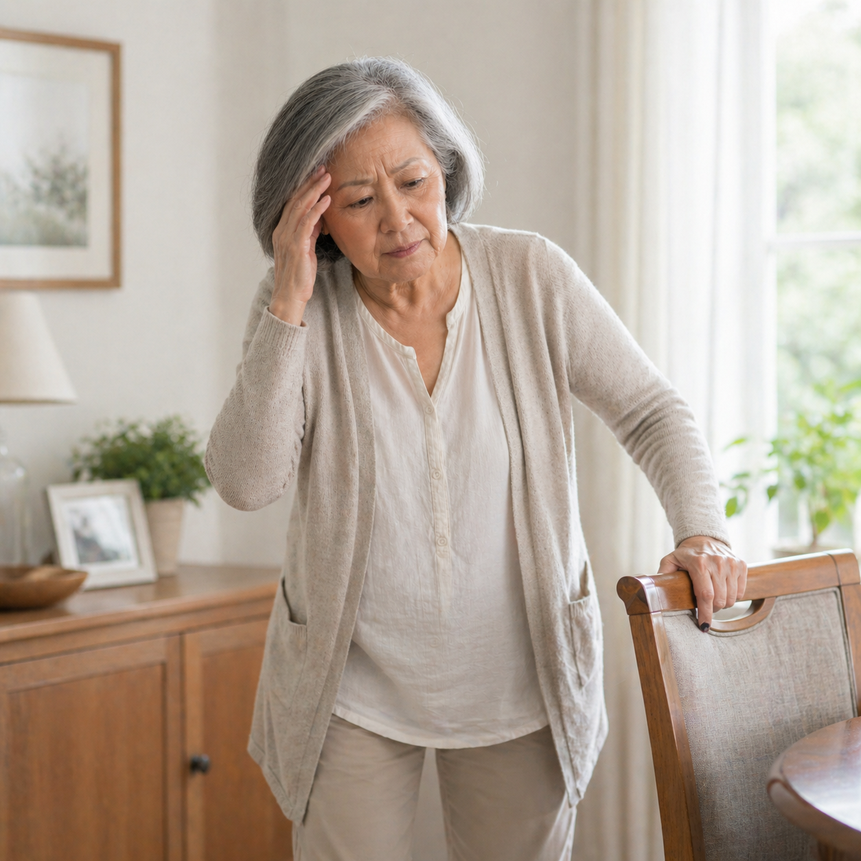 Senior woman holding her head and gripping a chair for balance while experiencing dizziness at home, illustrating medication side effects and fall risk associated with polypharmacy in older adults