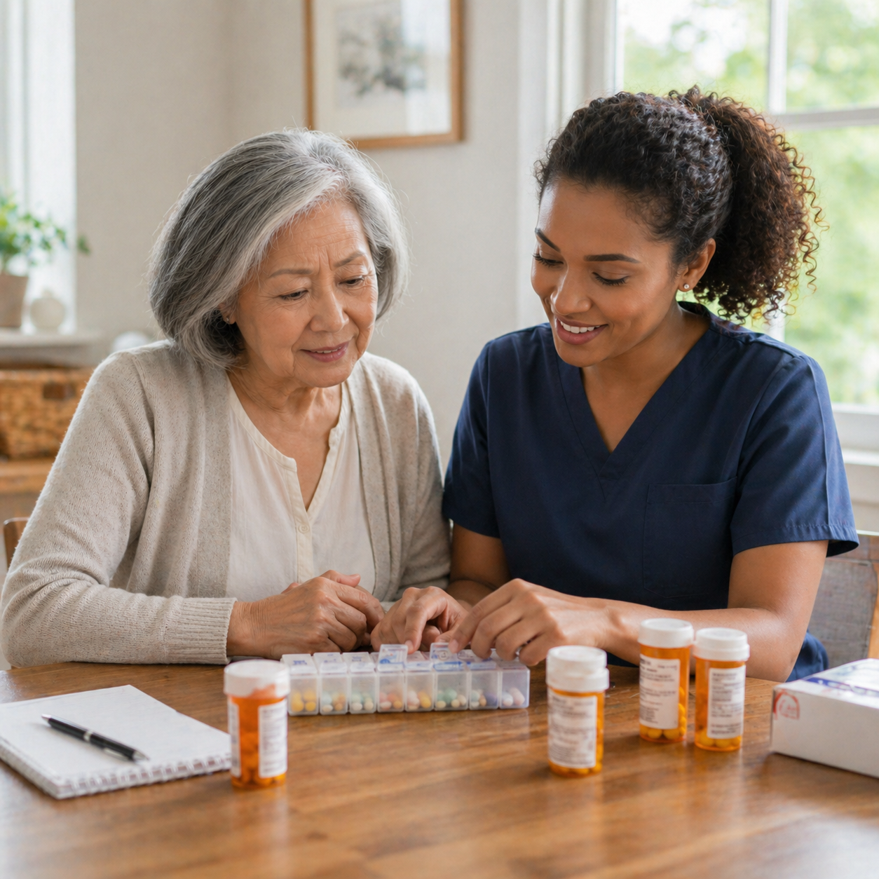 In-home companion caregiver helping senior woman organize weekly pill organizer with prescription bottles and notepad on table, showing how Ideal Caregivers 4U supports senior medication safety at home