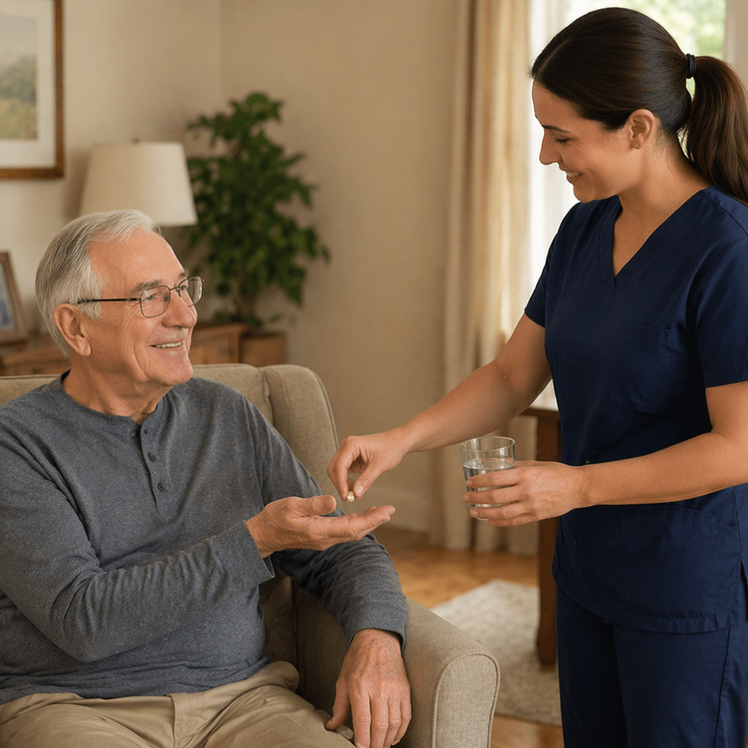 caregiver supporting home care for seniors through a daily routine at home with Idealcaregivers4u
