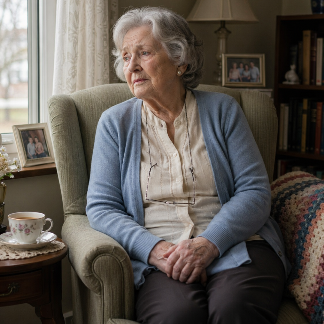 Senior woman sitting alone at home looking out the window, showing signs of loneliness and isolation