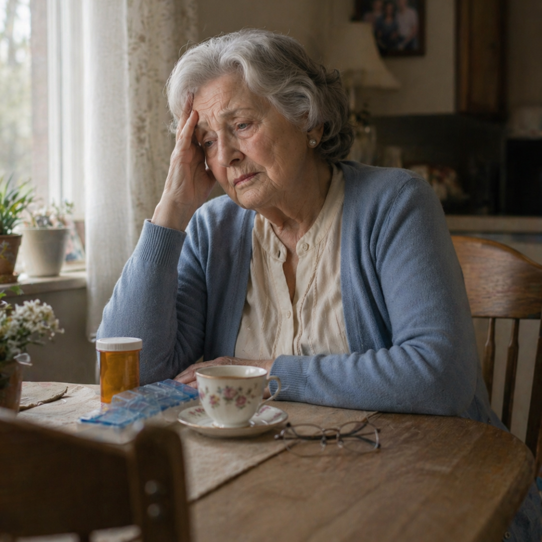 Elderly woman sitting alone at kitchen table looking distressed with medication nearby, illustrating the signs of loneliness and isolation in seniors that Ideal Caregivers 4U helps families address
