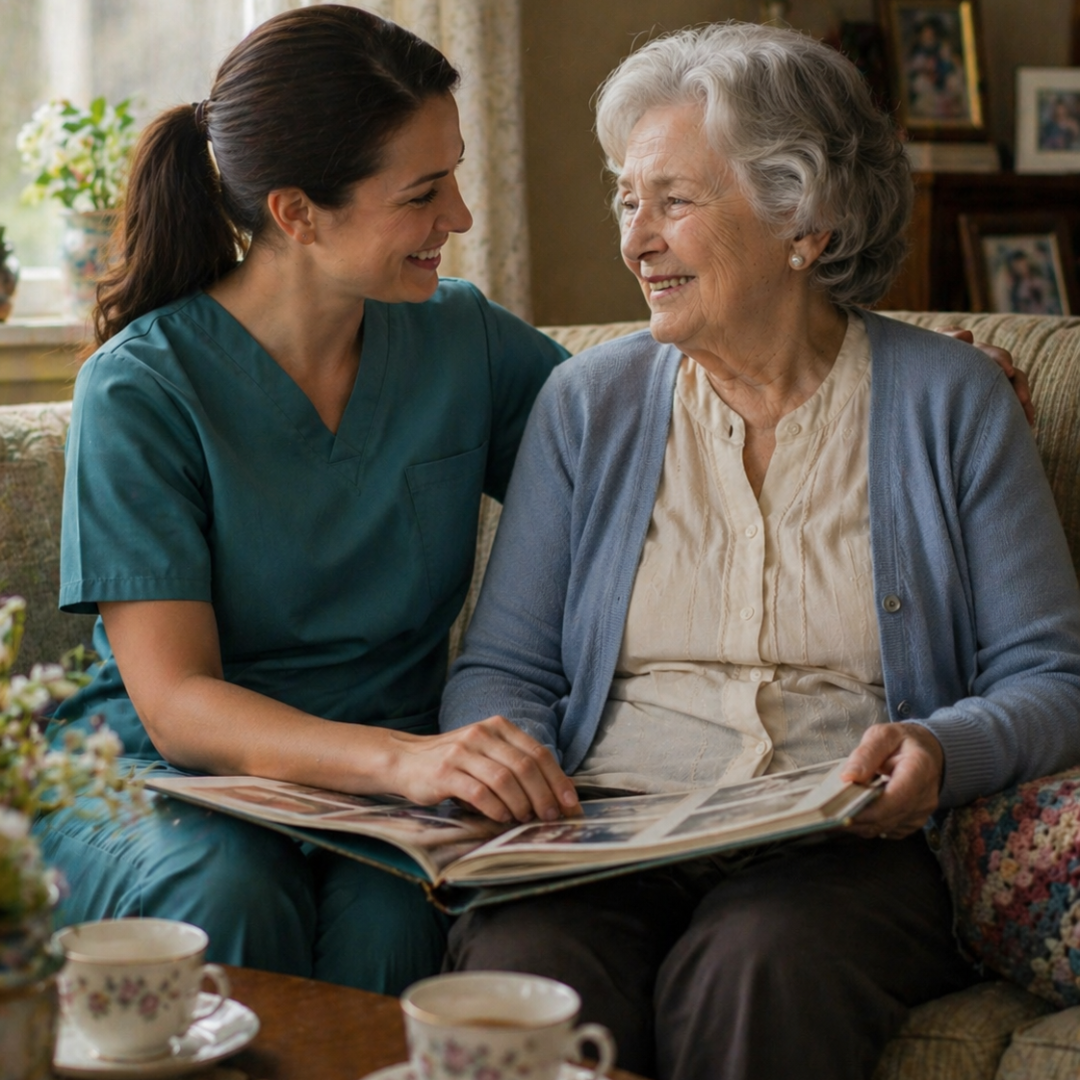 In-home companion caregiver sitting with elderly woman looking through a photo album together at home, showing the meaningful connection Ideal Caregivers 4U provides to seniors experiencing loneliness