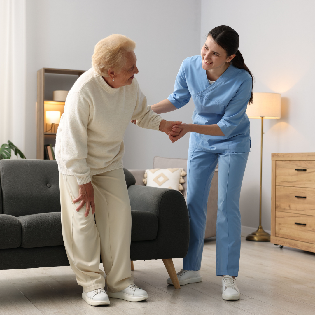 Caregiver concerned for injured senior woman