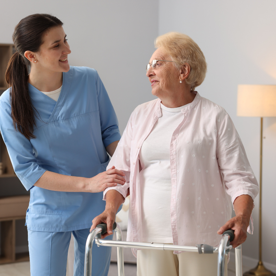 Adult daughter talking to senior mother