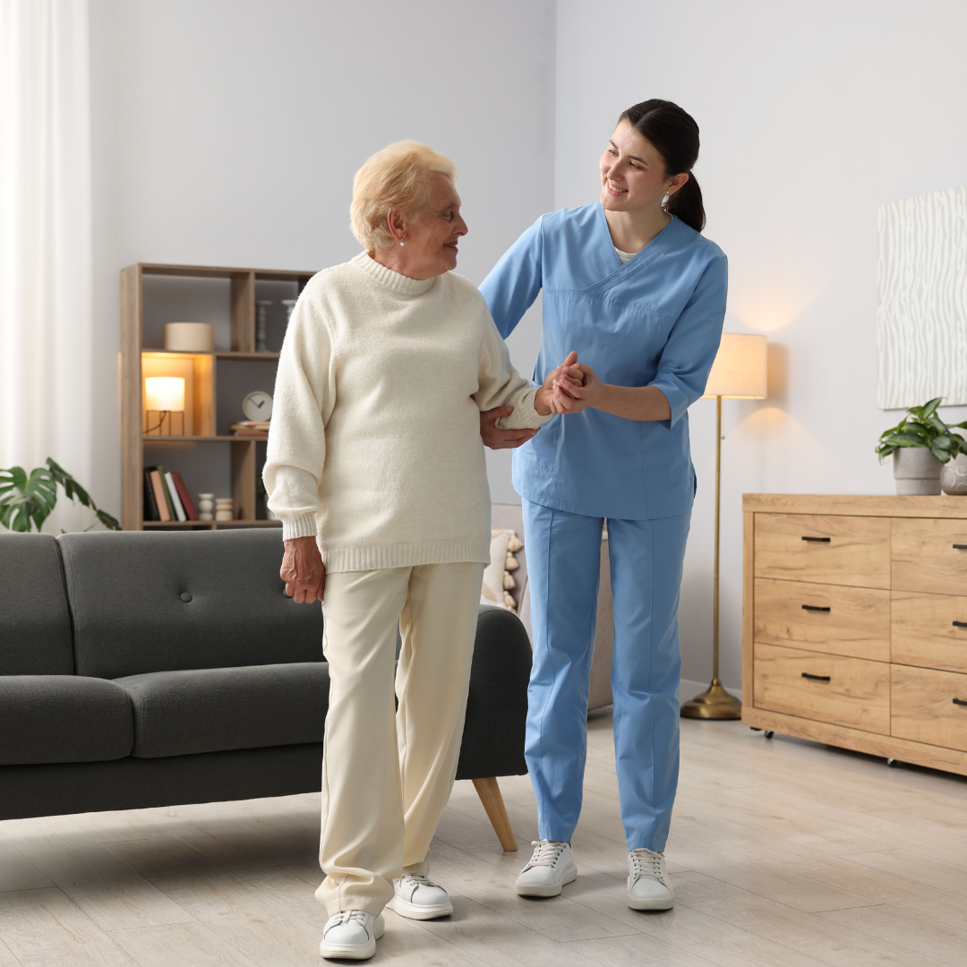 Caregiver concerned for injured senior woman