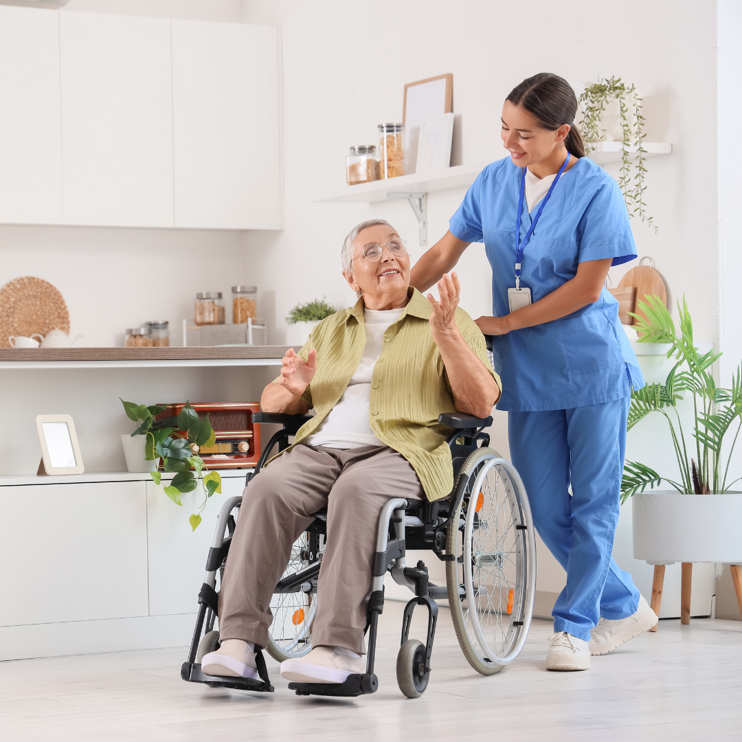 Adult daughter talking to senior mother
