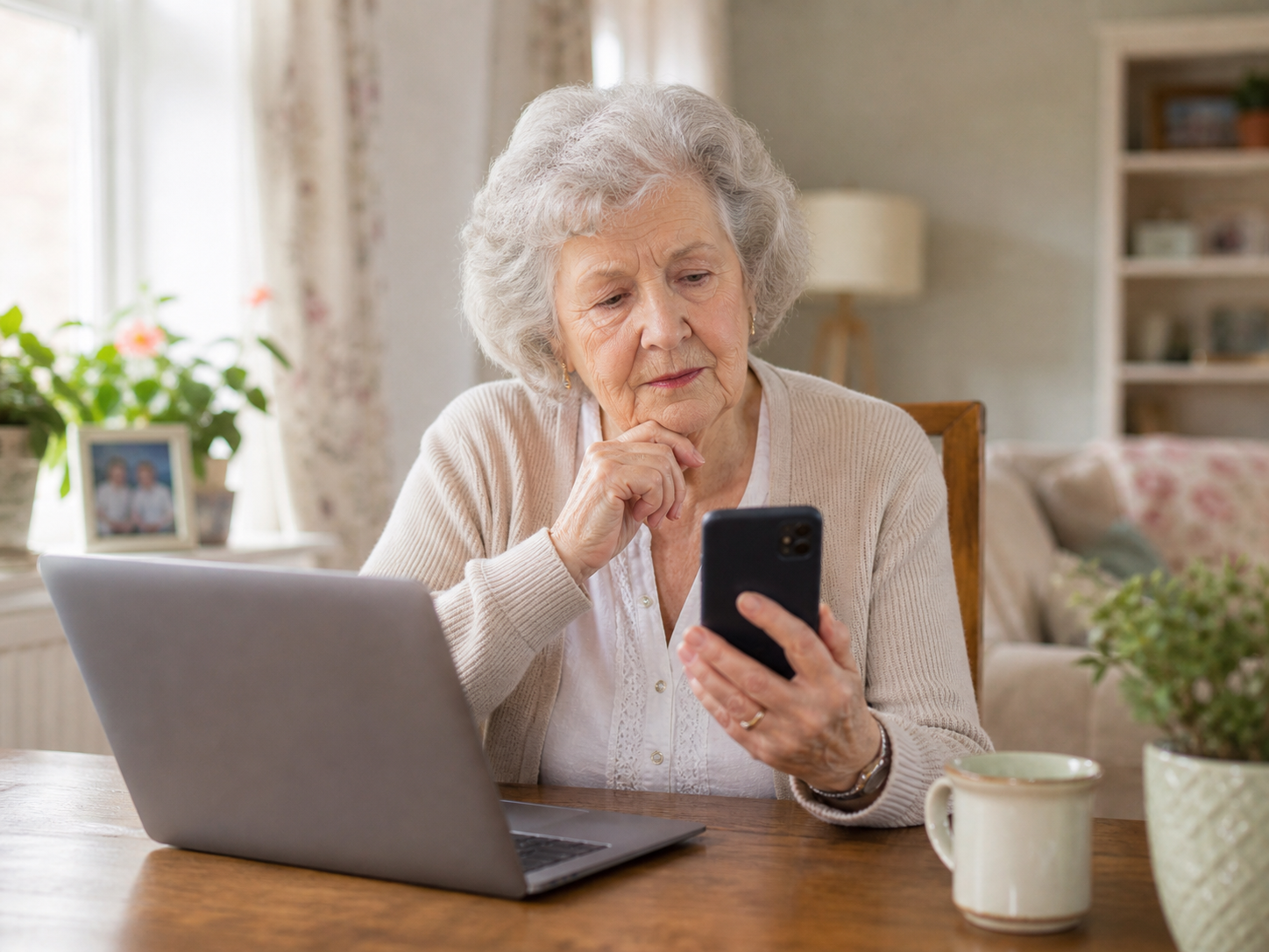 Senior woman sitting at home looking cautiously at her smartphone with a laptop open in front of her, illustrating the vulnerability of older adults to phone and online scams addressed by Ideal Caregivers 4U