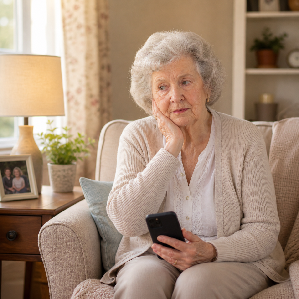Senior woman sitting alone in armchair holding a smartphone with a worried and uncertain expression, illustrating the emotional impact of phone scams targeting older adults and the importance of protecting seniors from scams