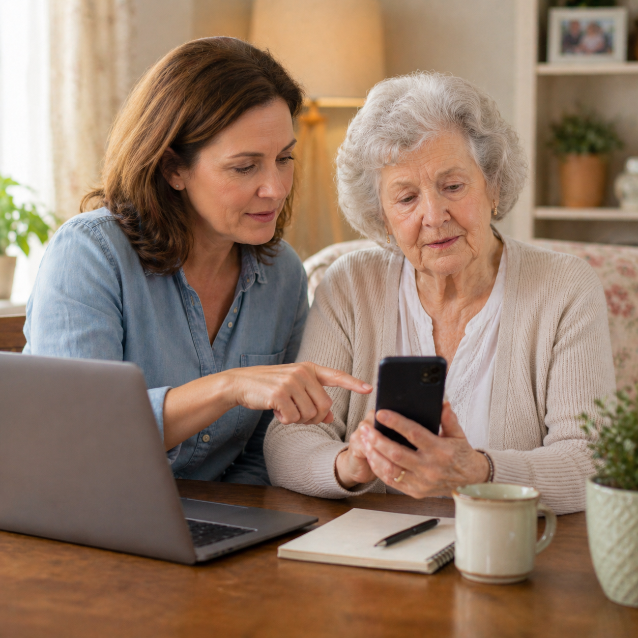 Adult daughter sitting with elderly mother at kitchen table pointing at smartphone screen to help her recognize phone and online scams, illustrating the family role in protecting seniors from scams
