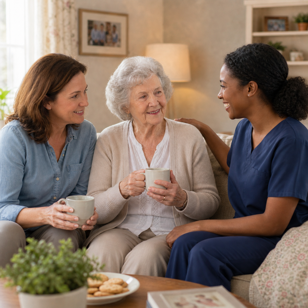 Senior woman smiling and sharing tea with adult daughter and in-home caregiver on sofa at home, representing the trusted connections that protect older adults from scams and isolation