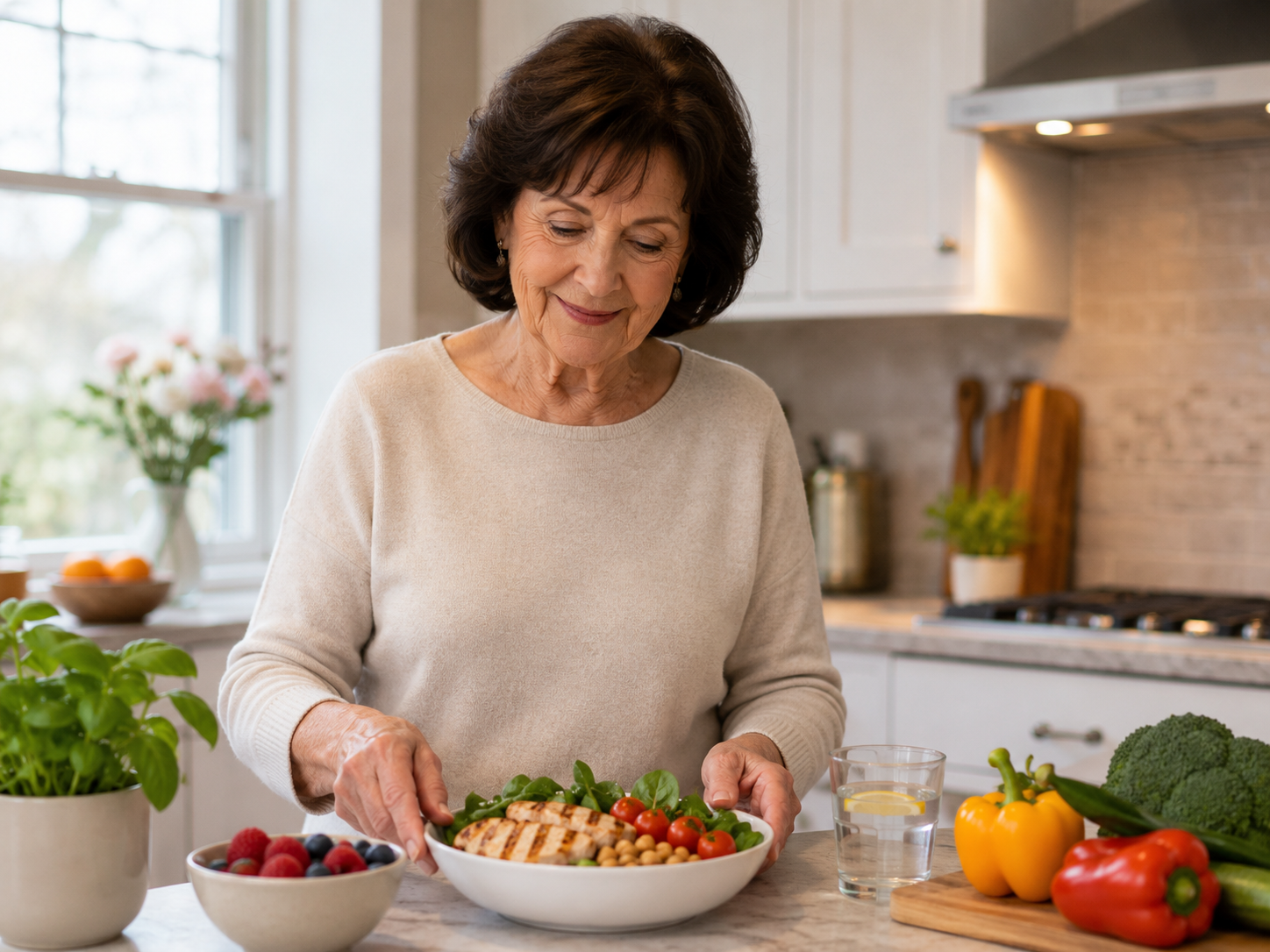 Senior woman standing at a bright kitchen counter preparing a colorful, nutrient-dense meal with grilled chicken, greens, chickpeas, fresh vegetables, berries, and a glass of water, representing healthy senior nutrition at home