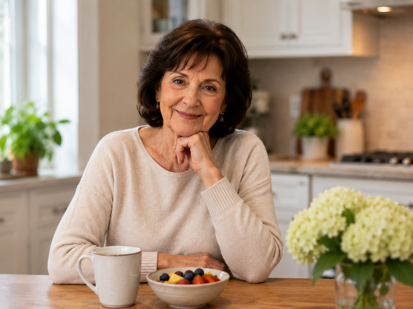 Senior woman sitting at kitchen table eating a colorful, nutritious meal at home, illustrating the importance of senior nutrition at home and healthy eating habits for older adults supported by Ideal Caregivers 4U