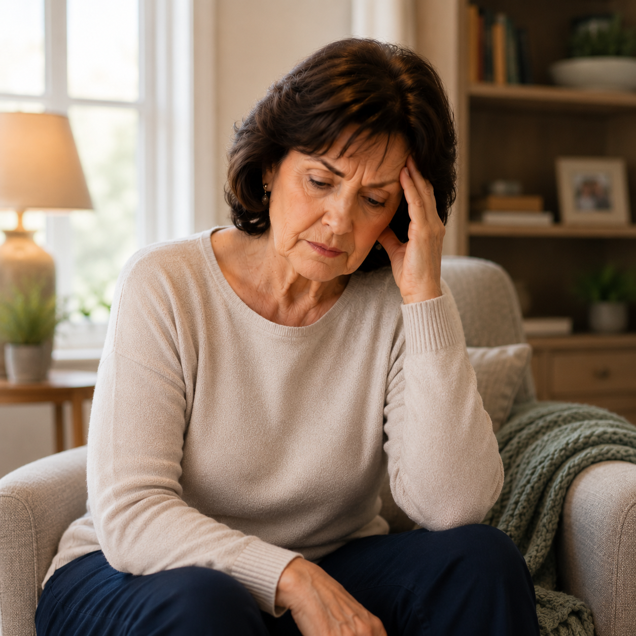 Senior woman sitting on sofa looking fatigued and unwell with her hand pressed to her head, illustrating the physical signs of poor nutrition in older adults that families should watch for