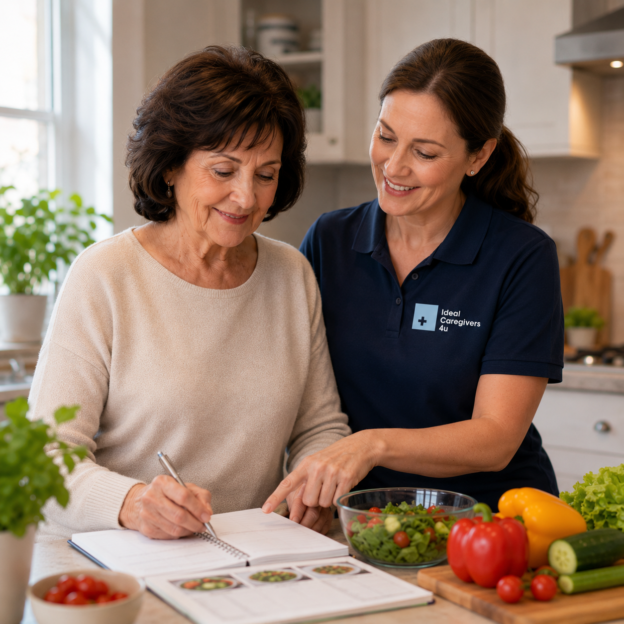 Ideal Caregivers 4U caregiver in branded polo shirt helping senior woman with meal planning in kitchen surrounded by fresh vegetables, illustrating in-home nutrition support for seniors aging at home