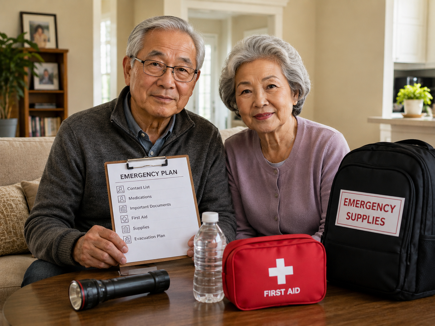 Senior couple sitting at home holding an emergency plan checklist alongside a first aid kit, flashlight, water bottle, and emergency supplies backpack, illustrating senior emergency planning at home with guidance from Ideal Caregivers 4U