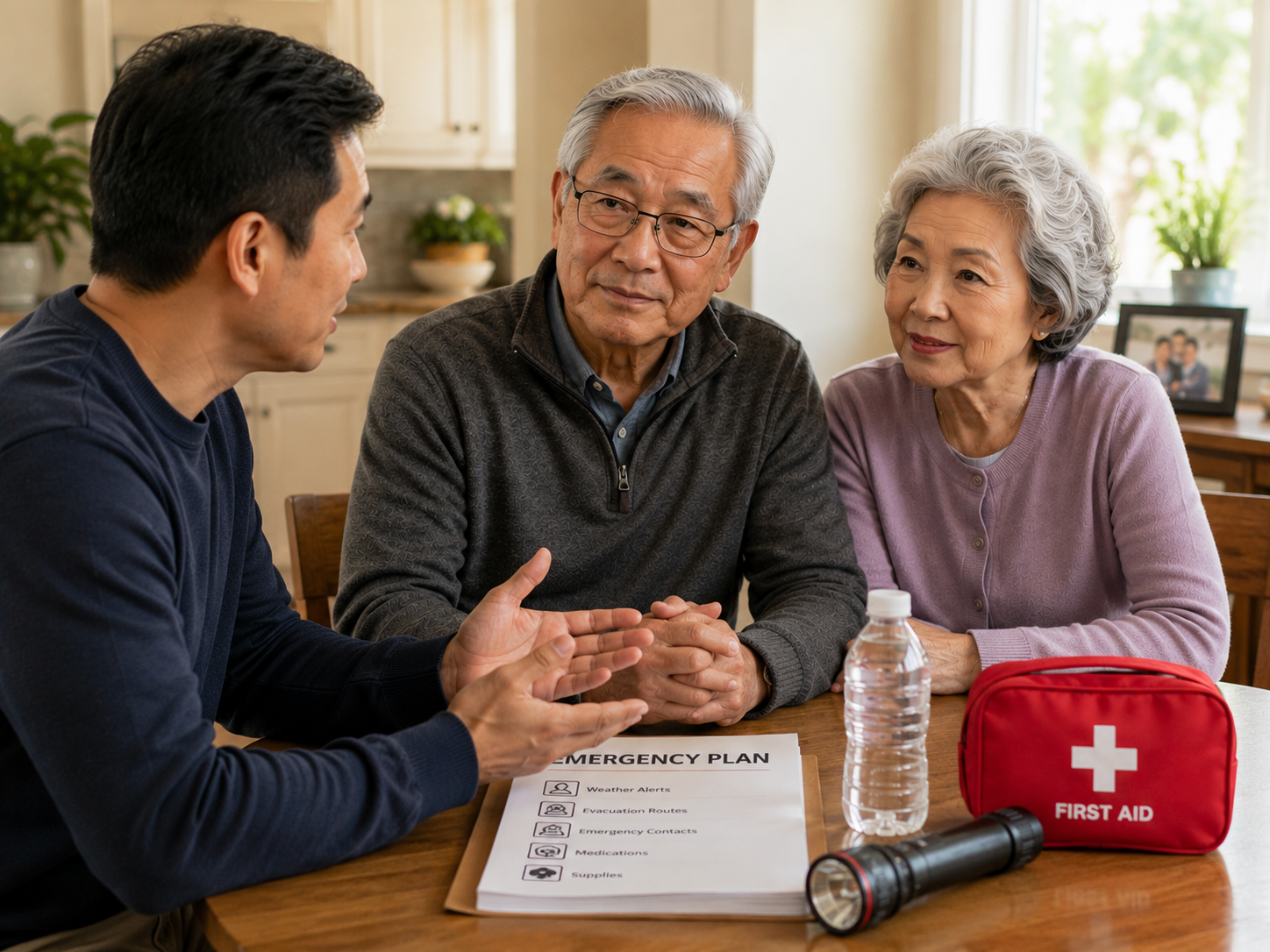 Adult son discussing emergency plan with senior parents at kitchen table with first aid kit, water bottle, flashlight, and emergency planning document visible, illustrating family involvement in senior emergency planning at home