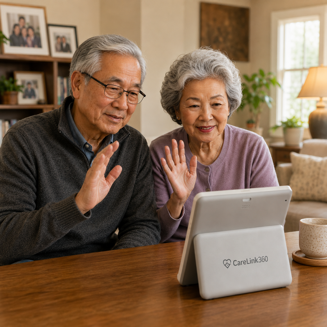 Senior couple smiling and waving during a CareLink360 video call check-in at home, illustrating how Ideal Caregivers 4U's connected care technology supports senior emergency planning at home