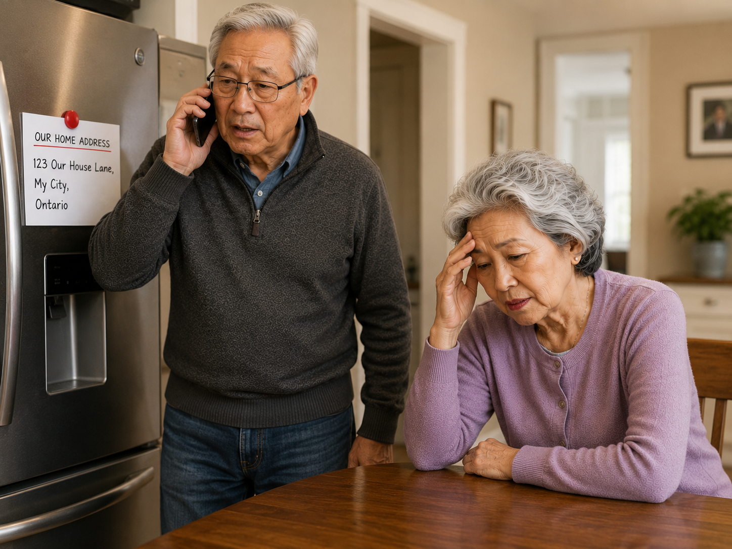Senior man calling emergency services on his phone while his wife sits distressed at the kitchen table, with a home address posted on the refrigerator behind him — illustrating key senior emergency planning at home tips from Ideal Caregivers 4U