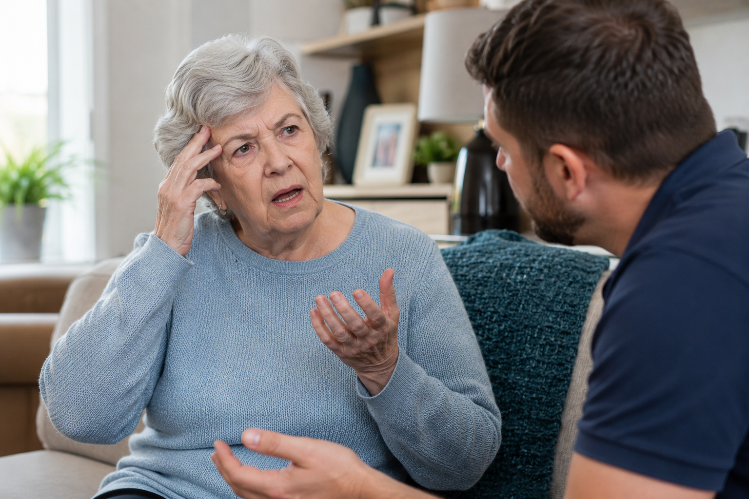 Elderly stroke survivor struggling to find words while communicating with a family caregiver at home