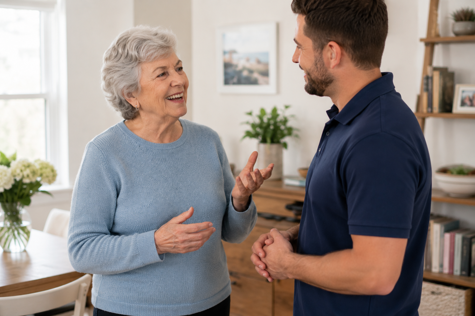 Elderly stroke survivor smiling and communicating successfully with a caregiver at home
