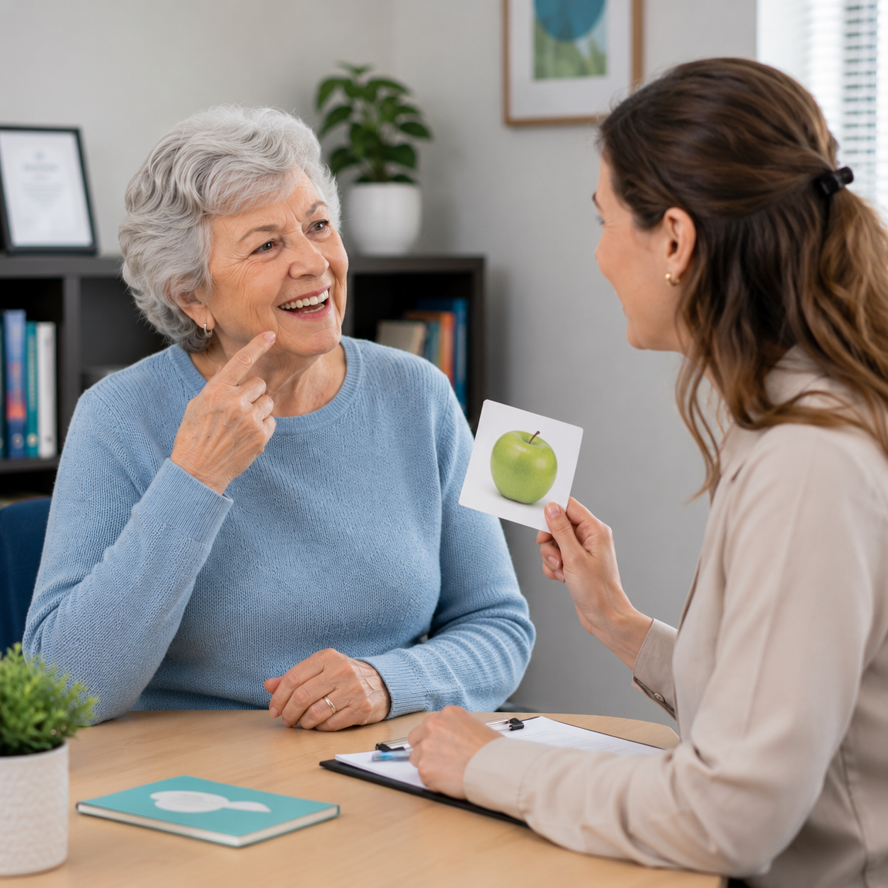 Elderly stroke survivor working with a speech-language pathologist using picture cards during aphasia therapy