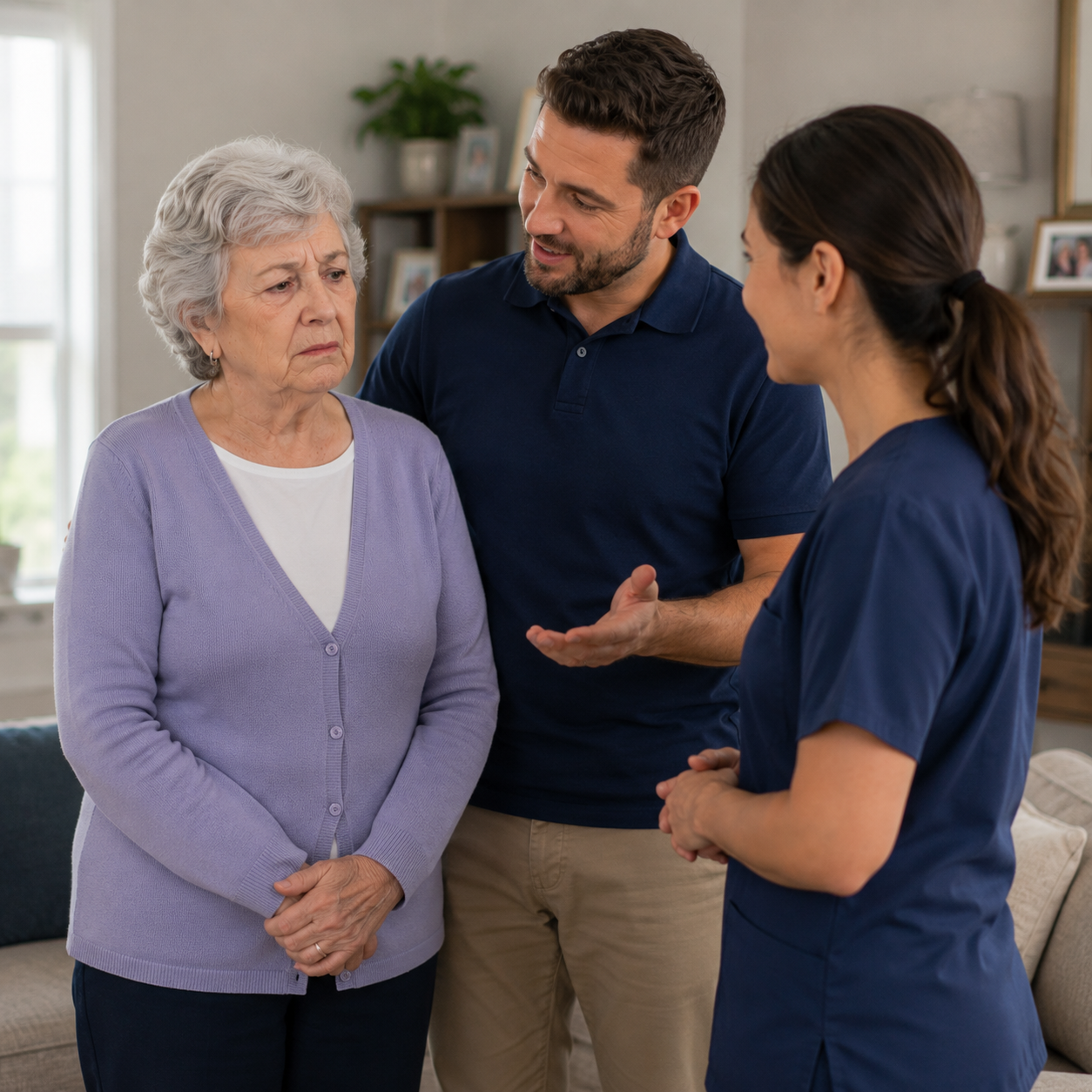 Family caregiver and home care professional discussing aphasia support options with an elderly stroke survivor at home