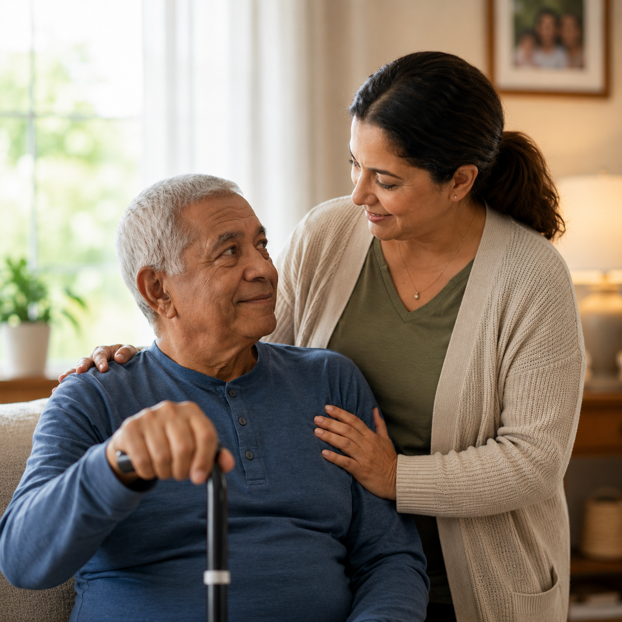 Family caregiver supporting an elderly man with a cane at home after a stroke