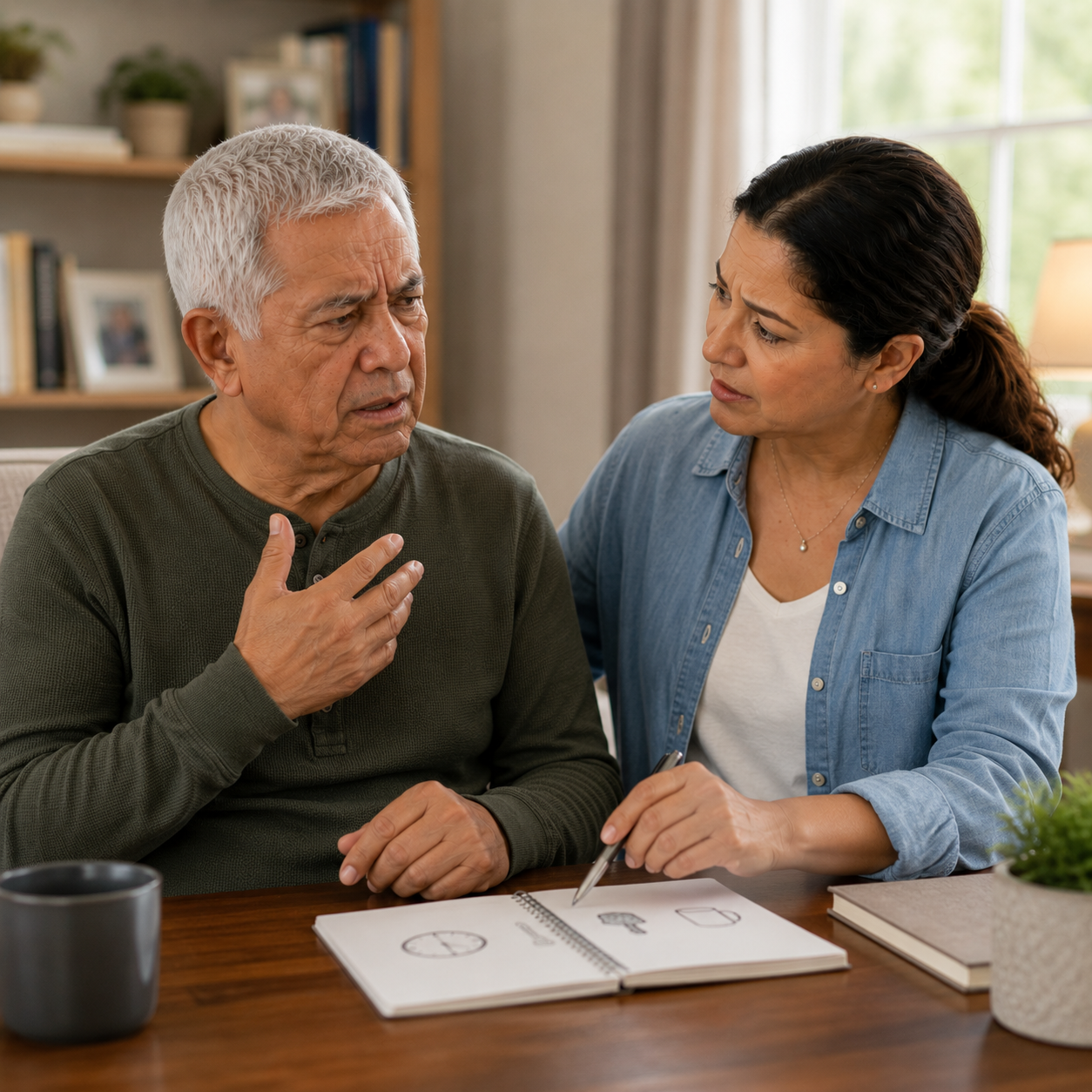 Caregiver using a communication board to help a stroke survivor express himself at home