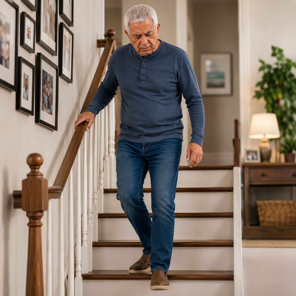 Elderly stroke survivor carefully navigating stairs at home while holding the railing