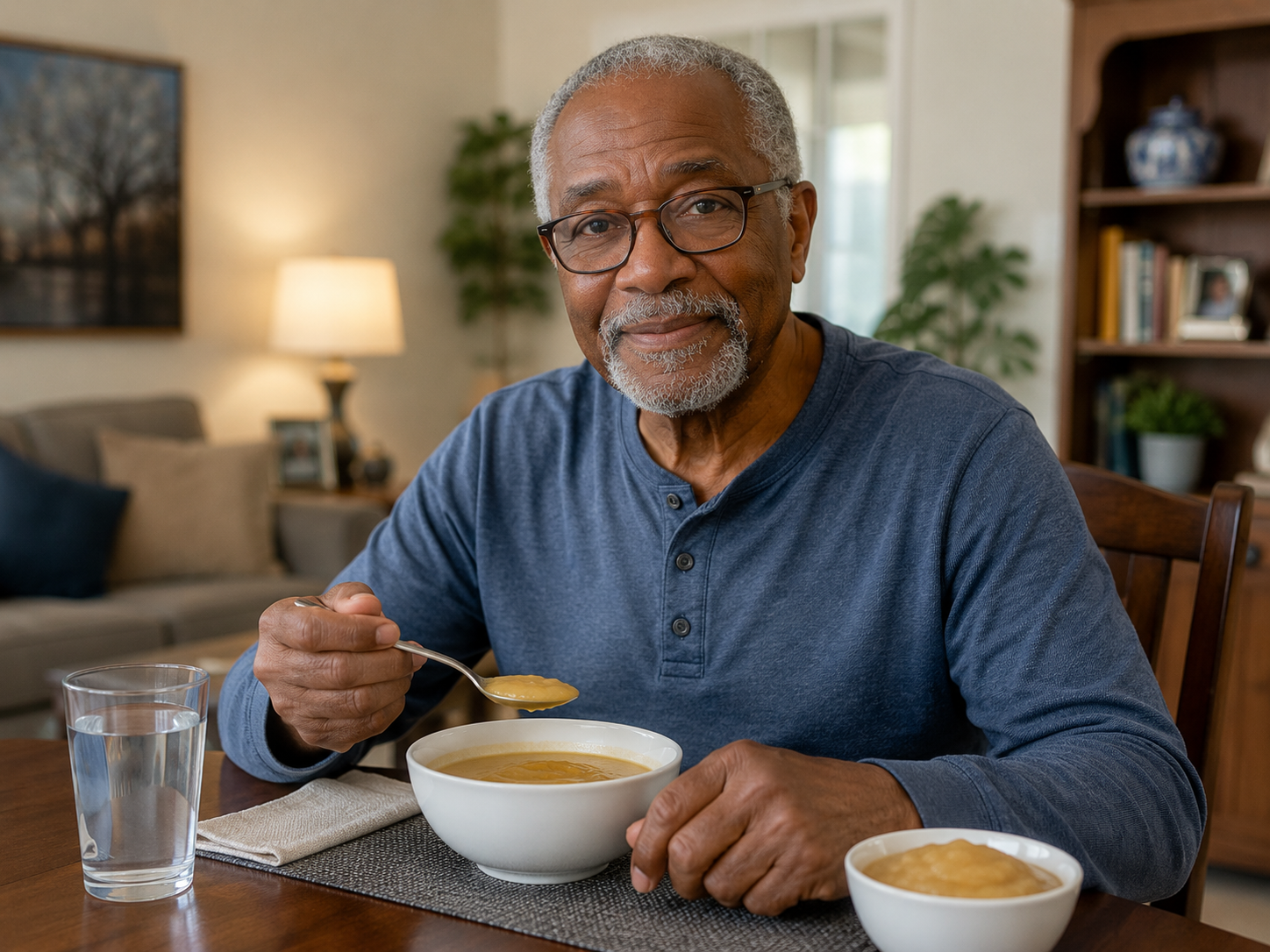Elderly stroke survivor eating a modified-texture meal safely at home with soup and puréed food
