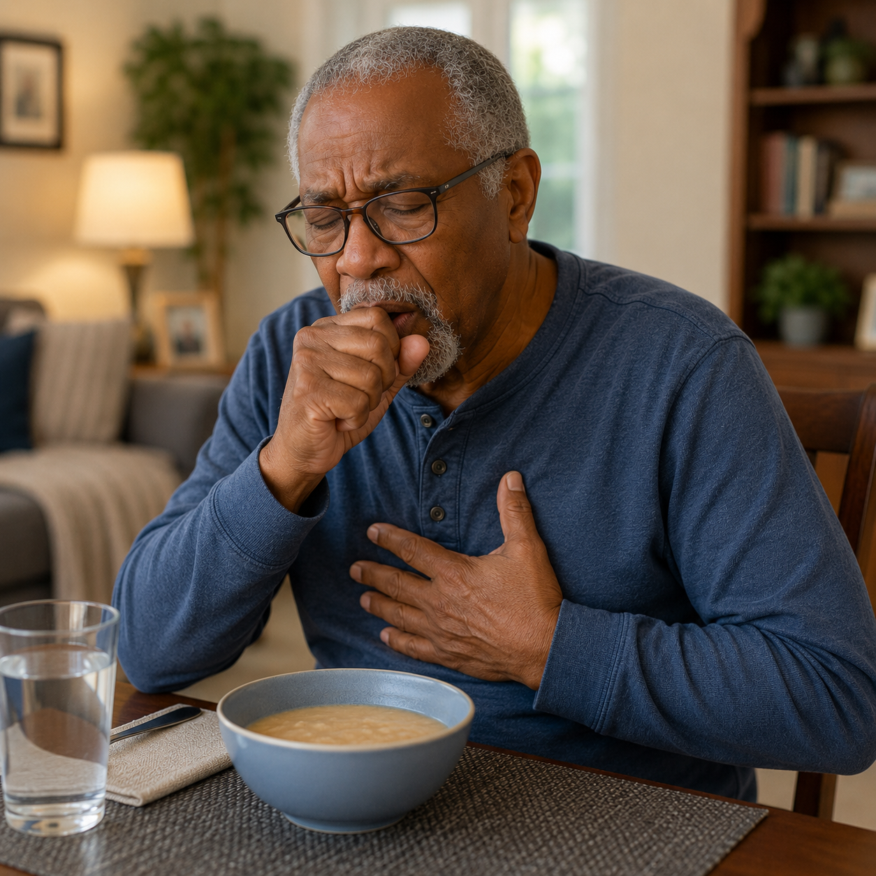Elderly stroke survivor coughing while eating soup at home, a common sign of dysphagia after stroke
