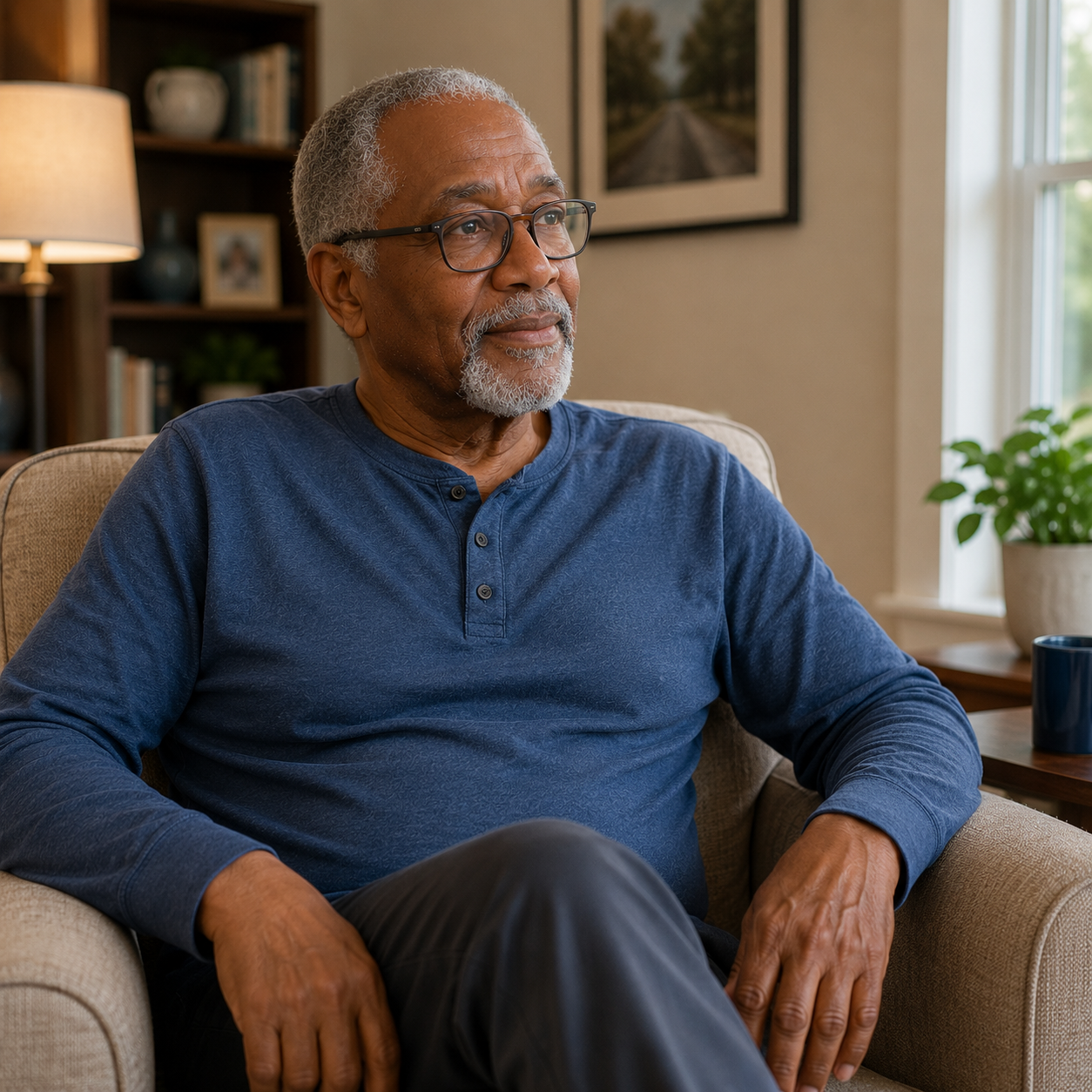 Elderly stroke survivor resting and reflecting at home during recovery