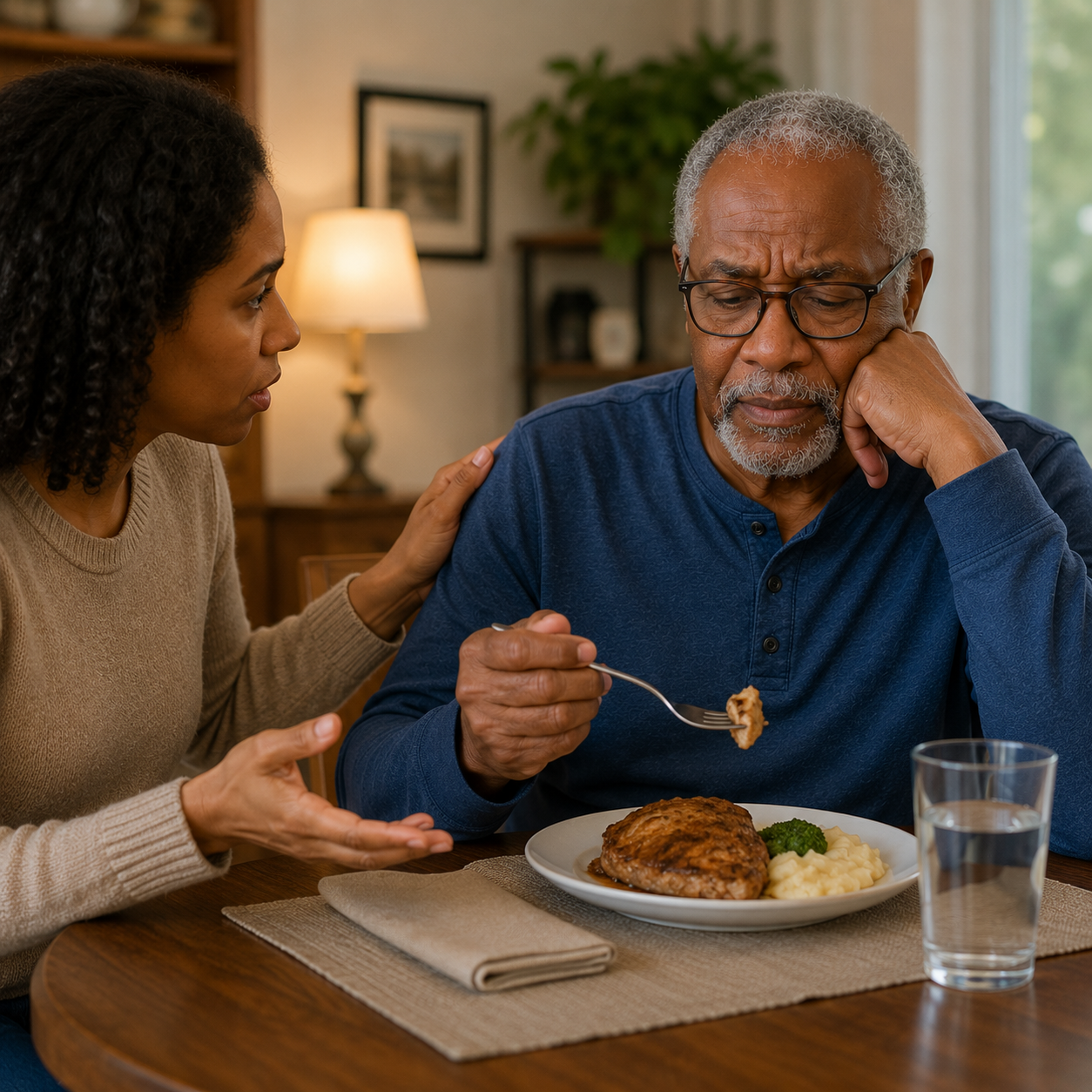 Family caregiver supporting an elderly stroke survivor who is struggling and reluctant to eat at the dinner table