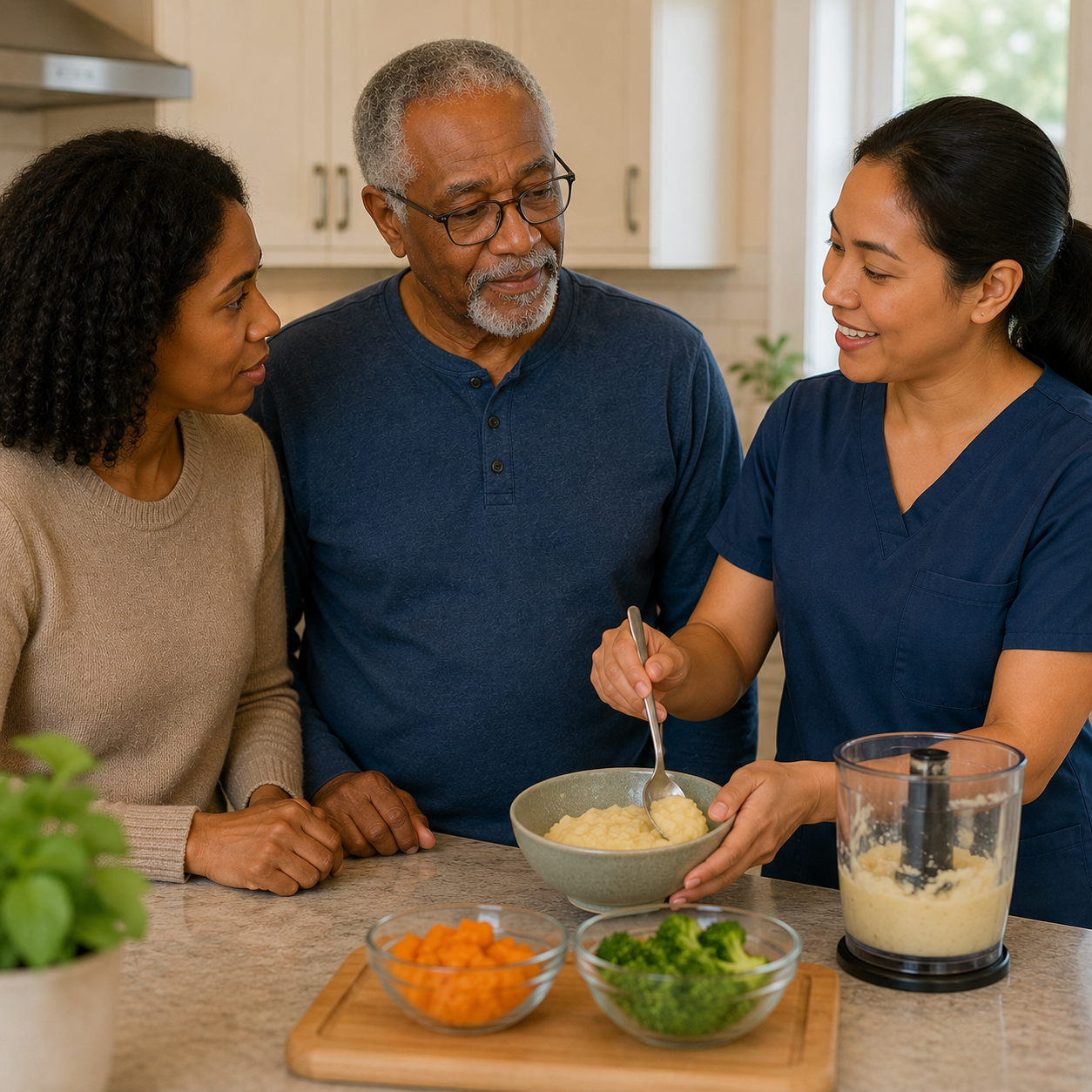 Home caregiver preparing modified-texture meals for an elderly stroke survivor with dysphagia alongside a family member