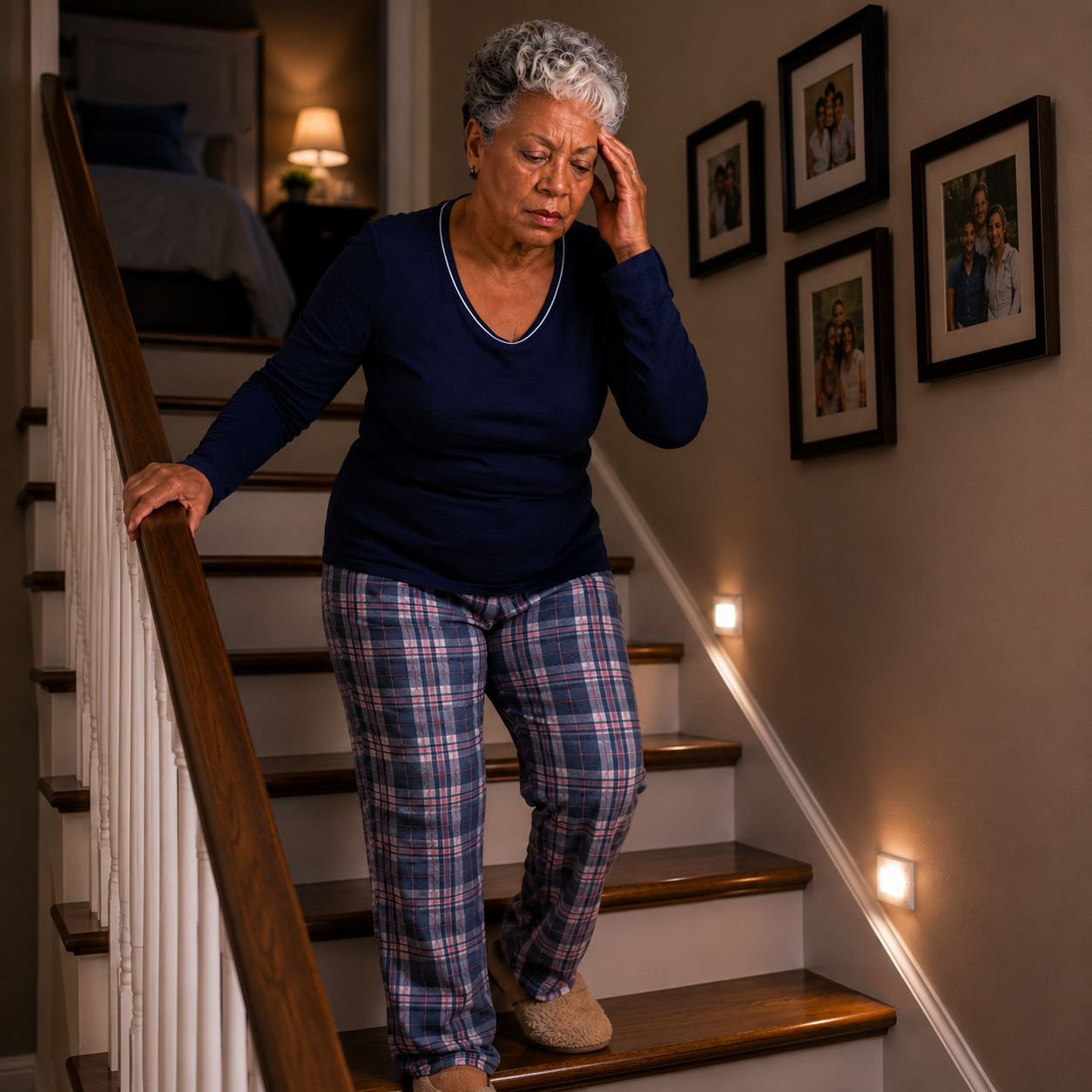 Senior woman in pajamas carefully navigating dimly lit stairs at night while holding the handrail and pressing her hand to her head, illustrating the fall risk associated with sleep problems in older adults