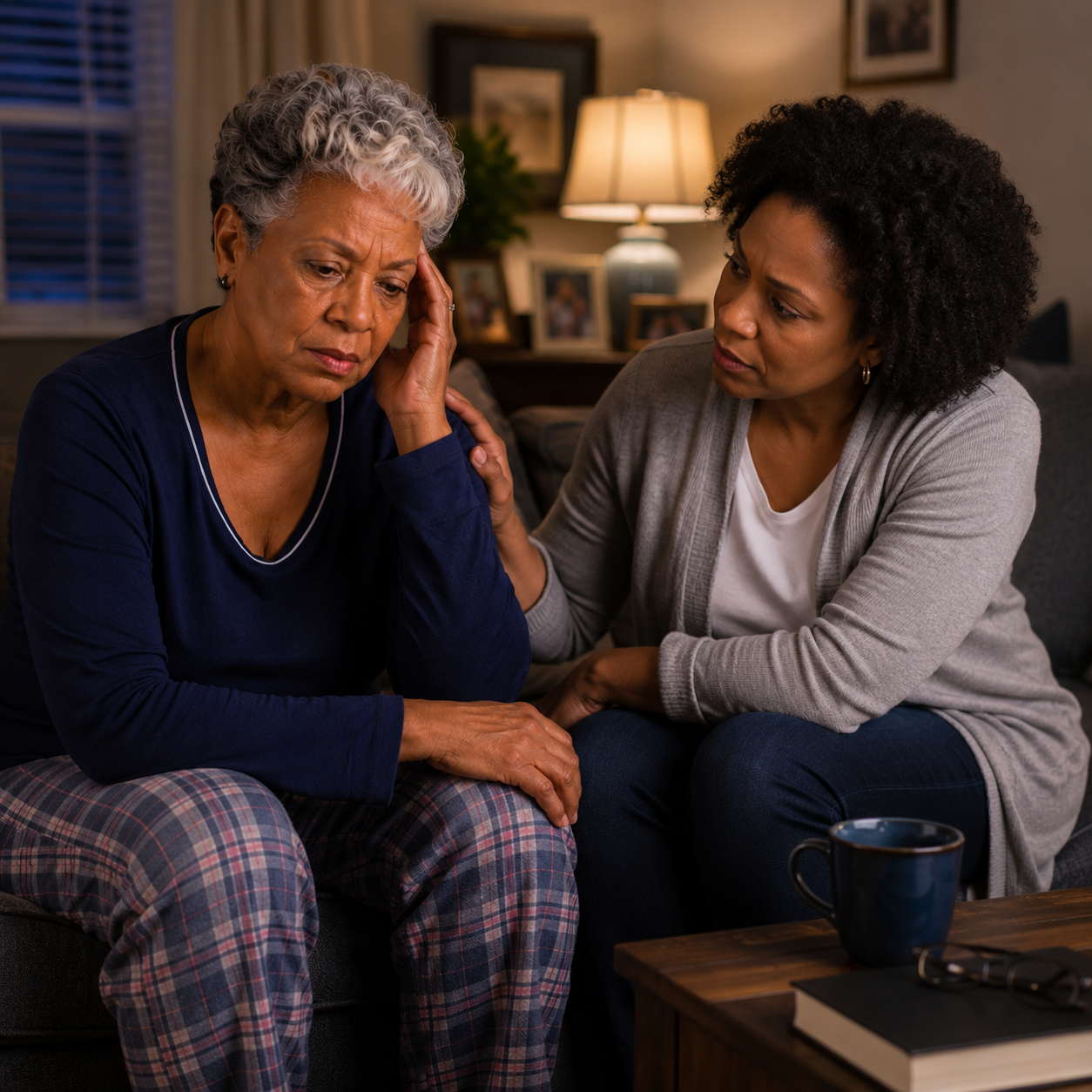 Concerned adult daughter sitting beside elderly mother in pajamas who looks exhausted and distressed in a dimly lit living room, illustrating the family impact of sleep problems in older adults