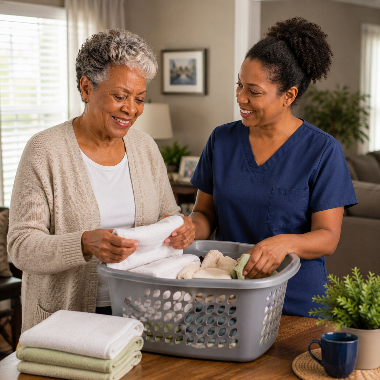Senior woman smiling and folding laundry with in-home companion caregiver in navy scrubs at home, illustrating how daily routine and connection from Ideal Caregivers 4U supports better sleep health in older adults
