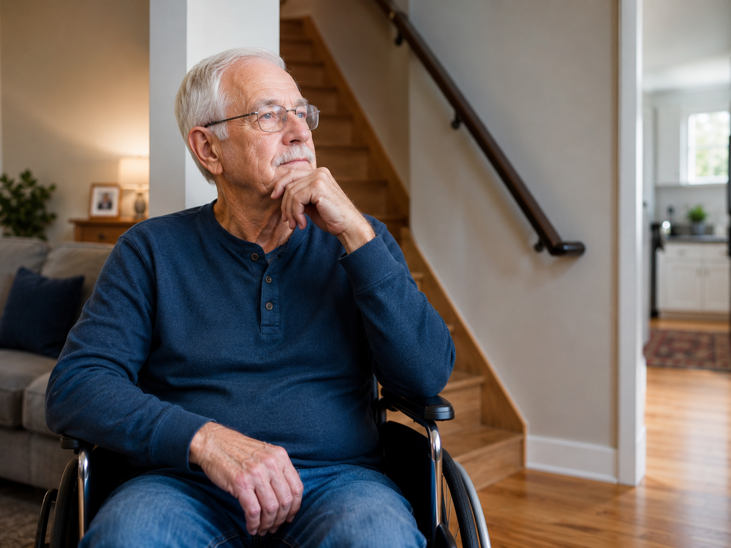 Senior man in a wheelchair looking thoughtfully at a staircase in his home, illustrating the need for home modifications for seniors to support safe aging in place with help from Ideal Caregivers 4U