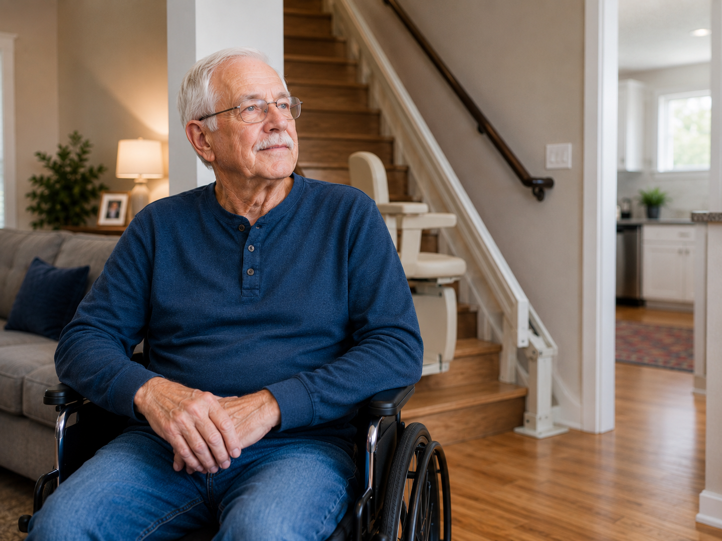 Senior man in a wheelchair sitting calmly in his living room with a stairlift installed on the staircase behind him, showing how home modifications for seniors support safe and independent aging in place