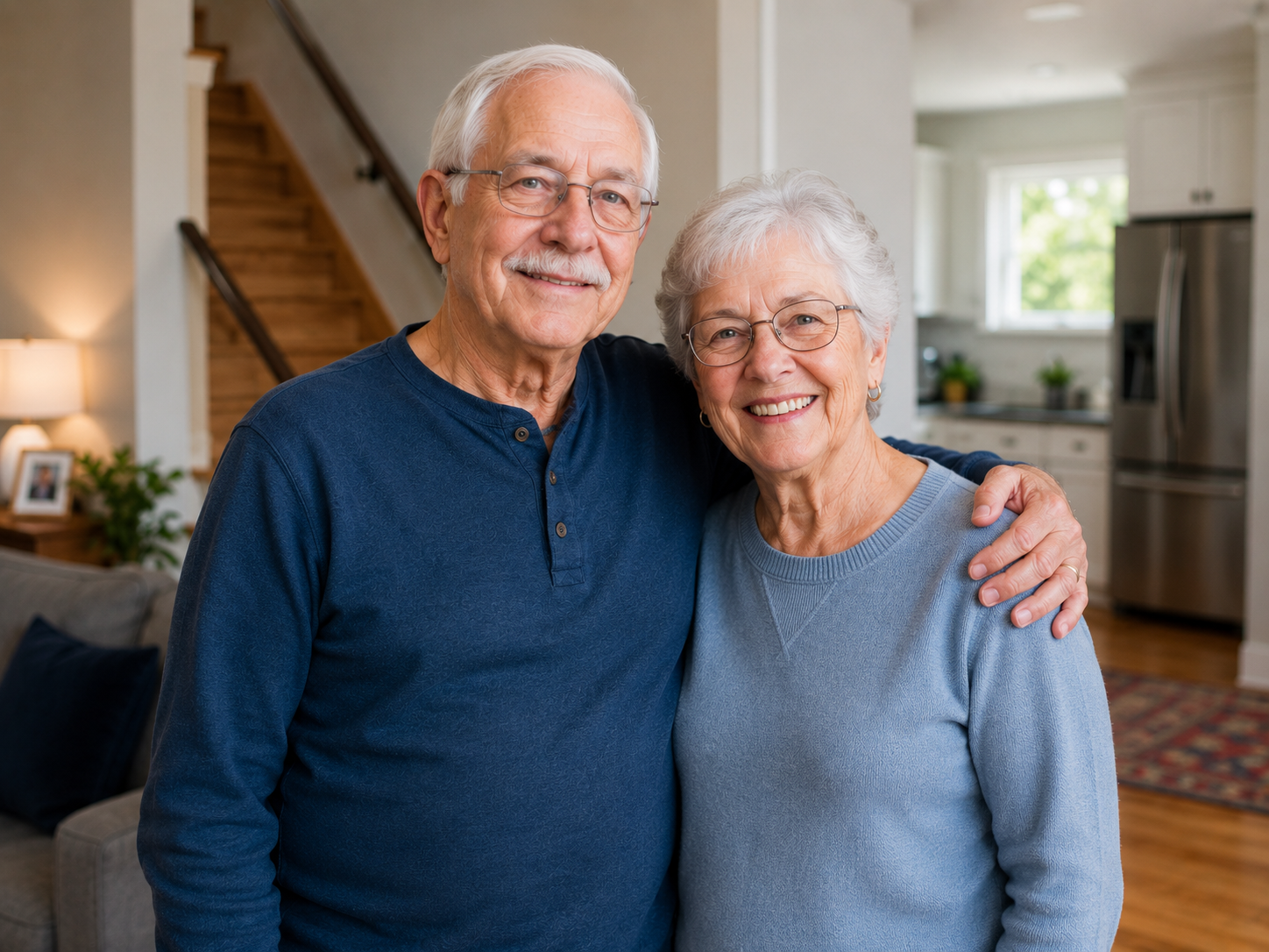 Senior couple smiling confidently together in their home with staircase visible in background, representing the independence and wellbeing that home modifications for seniors help preserve with support from Ideal Caregivers 4U