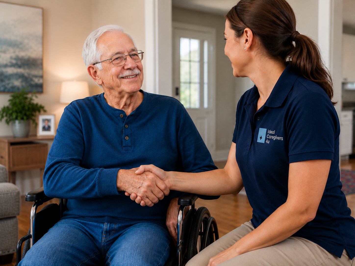 Senior man in wheelchair smiling and shaking hands with an Ideal Caregivers 4U caregiver in a branded polo shirt during a home visit, representing professional in-home senior care and home safety assessment services