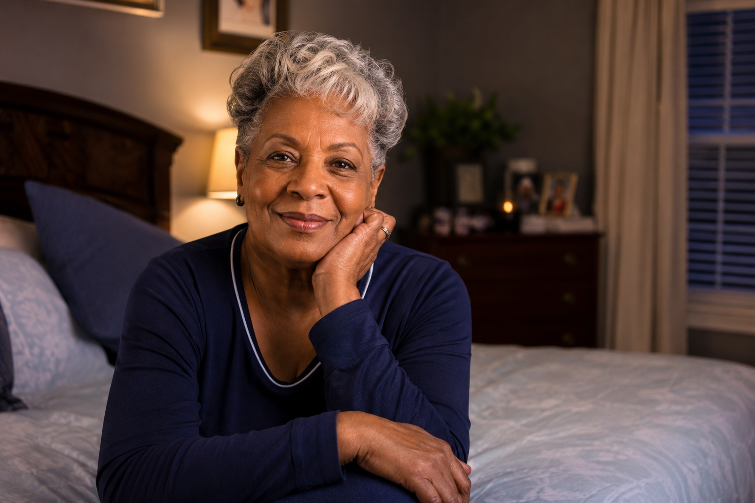 Senior woman sitting awake on her bed in a dimly lit bedroom at night with a thoughtful expression, illustrating the sleep problems in older adults that Ideal Caregivers 4U helps families understand and address