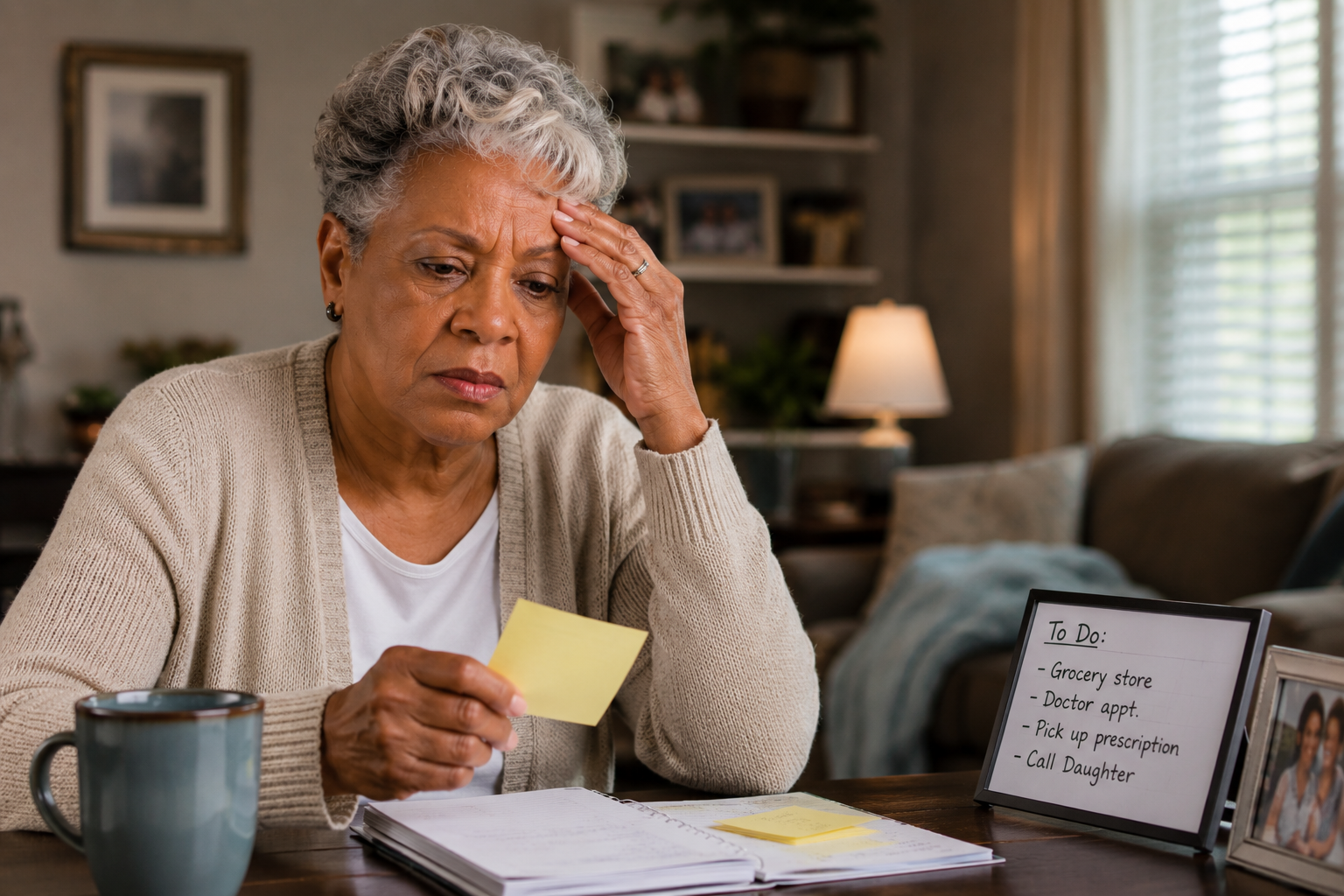 Senior woman holding a sticky note with a confused expression while a to-do list sits on the table beside her, illustrating the memory and cognitive effects of sleep problems in older adults highlighted by Ideal Caregivers 4U